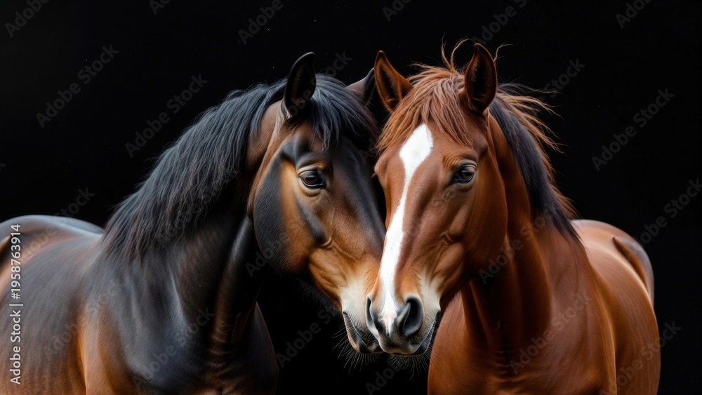 Fototapeta premium Two horses nuzzling close together on black studio backdrop
