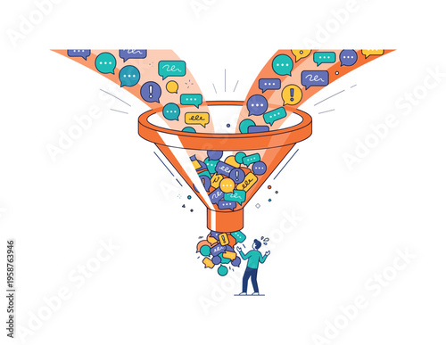 Overwhelmed by a flood of chat bubbles pouring into a funnel