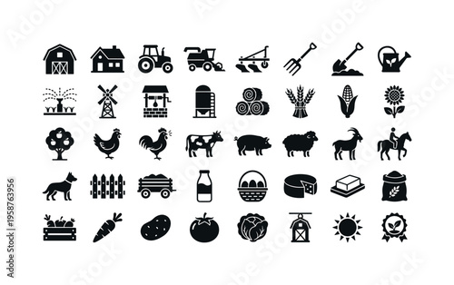 Collection of farm and agriculture icons representing rural life and food production
