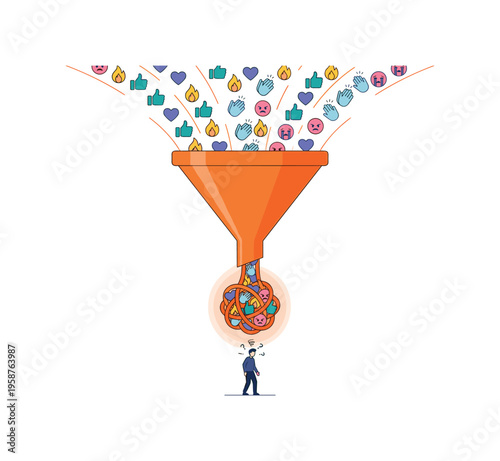 Social media reactions funneling into a confused person's mind