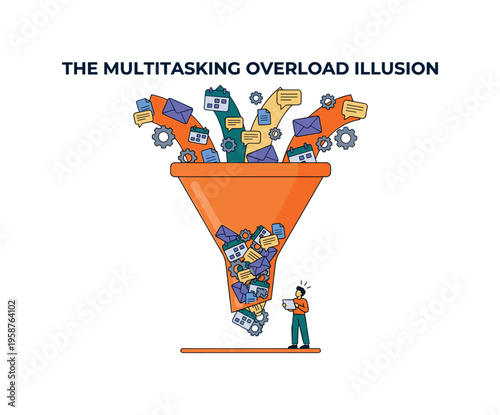 The multitasking overload illusion concept with a funnel and icons