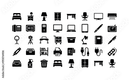 Collection of modern flat icons representing home and office essentials