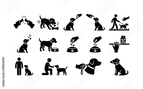 Collection of icons depicting dog training, feeding, and care activities