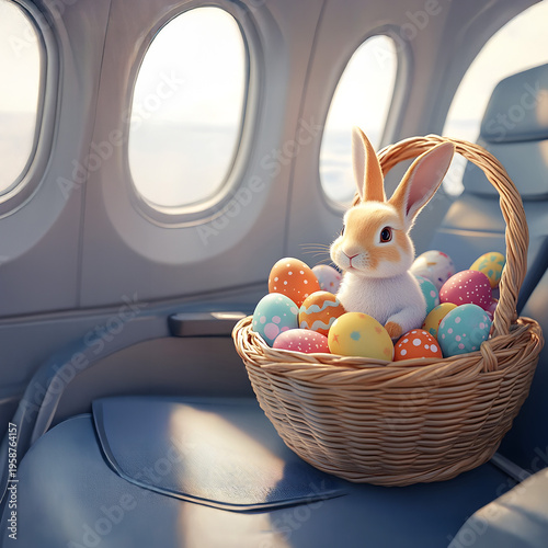 Rabbit and basket full of colorful Easter eggs on the seat inside the airplane cabin. Concept of Easter celebration during traveling.