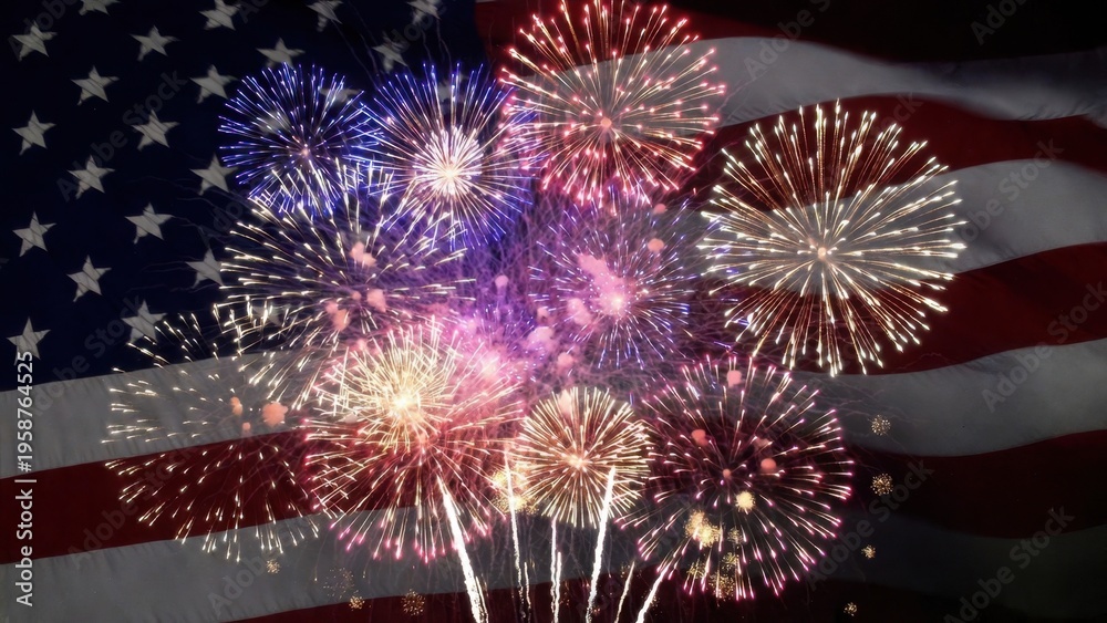 Fototapeta premium Multiple fireworks bursting over large american flag backdrop