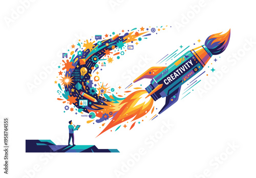 Rocket paintbrush launches with colorful explosion of ideas and digital elements
