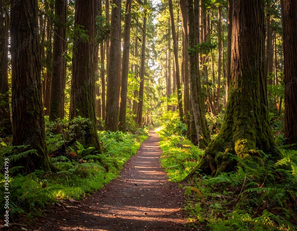 Fototapeta premium Sunlit forest path with towering trees and lush fern undergrowth creating a serene scene