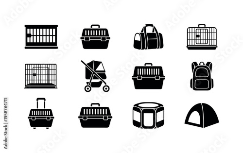 Collection of pet travel and containment items in black silhouette
