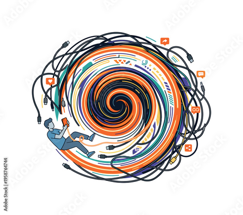 Man lost in digital vortex of charging cables and social media icons