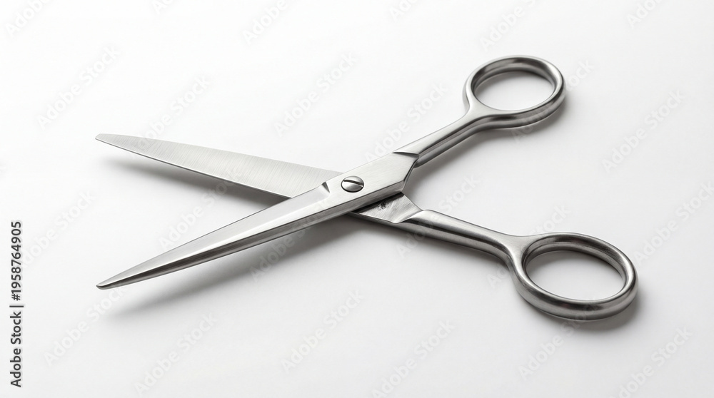 Obraz premium Metal scissors placed open on a clean white background. Soft studio lighting creating subtle shadow beneath the object