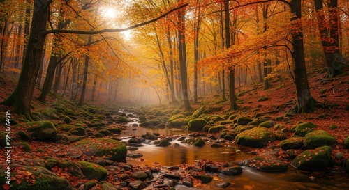 Serene Autumn Forest Scene with Gentle Stream and Sunlight Filtering Through Trees
