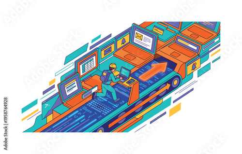 Man running on a digital conveyor belt of laptops and data streams