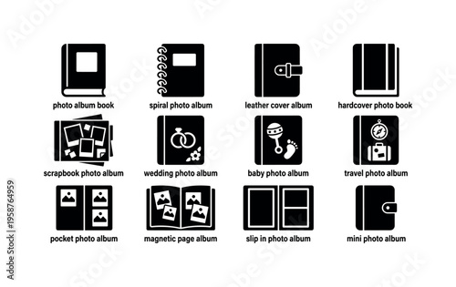 Collection of diverse photo album icons for various memory-keeping needs