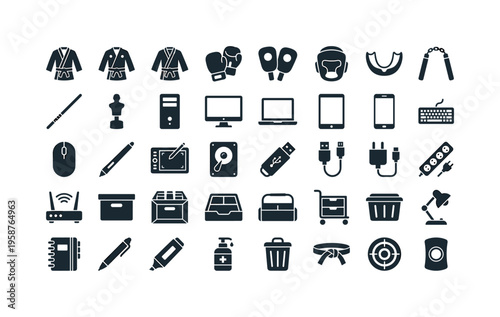 Collection of martial arts gear and modern technology icons