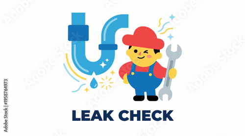 Plumbing Leak Check Cartoon Plumber Character Holding Wrench Next to Dripping Pipe Illustration
