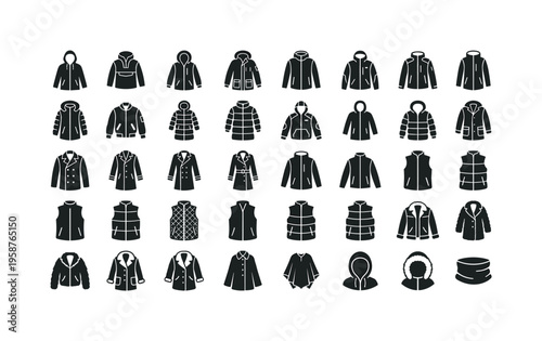 Collection of diverse outerwear icons for fashion and apparel design projects