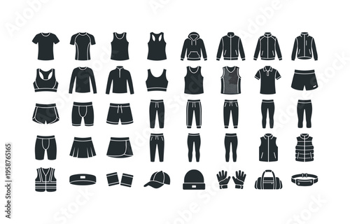 Collection of athletic clothing and accessories icons for sports and fitness