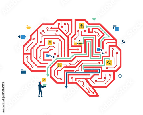 Abstract brain circuit board with icons representing data and connectivity