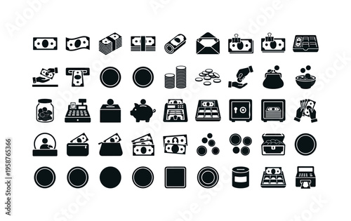 Collection of financial and currency icons representing money and transactions
