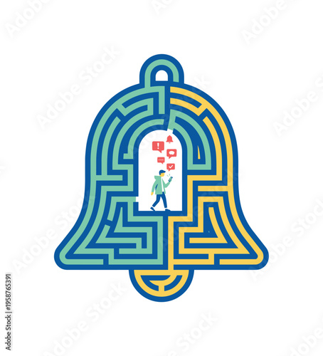 Man navigating a maze shaped like a notification bell, overwhelmed by alerts