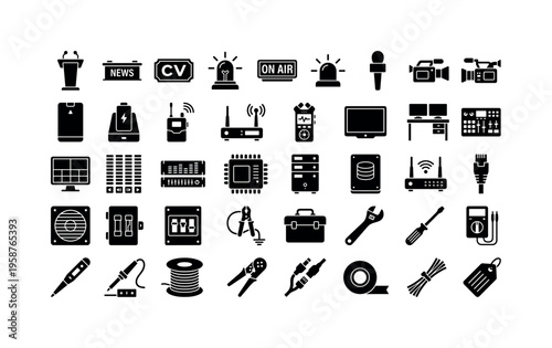 Collection of broadcast and electronic equipment icons for media production