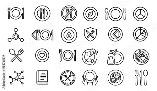 Food and dining icons: restaurant, plate, utensils and nutrition symbols, food service