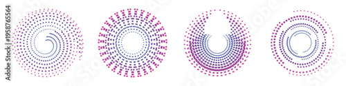 spiral dot rings creating rotating radial motion with pink purple gradient geometric pattern isolated on white background for contemporary digital design