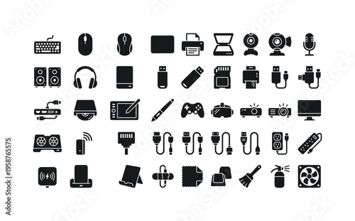 Collection of computer hardware and accessories icons for digital design and technology concepts