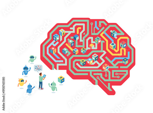 Robotic brain maze with diverse icons and helpful bots assisting a person