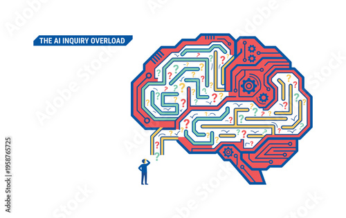 Confused person looking at a complex maze shaped like a robotic brain