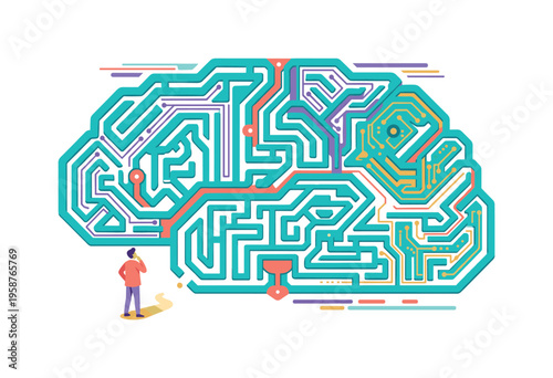 Man contemplating a complex maze shaped like a robotic brain with circuit board elements
