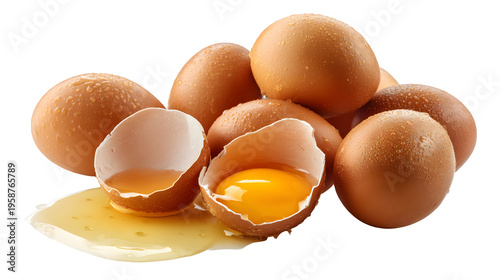 Fresh brown eggs with one cracked open showing yolk, organic food concept, isolated on white background