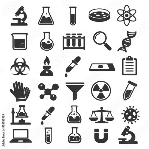 Science equipment icons: microscope, beaker, test tube, dna, atom, biohazard.