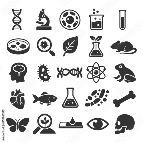 Scientific symbols collection featuring microscopes, dna, lab equipment, and organisms.