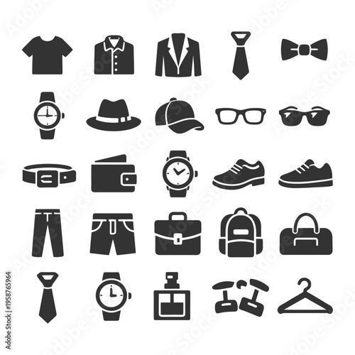 Fashion accessories and clothing icons set including shoes, bags, watches, hats, and ties.