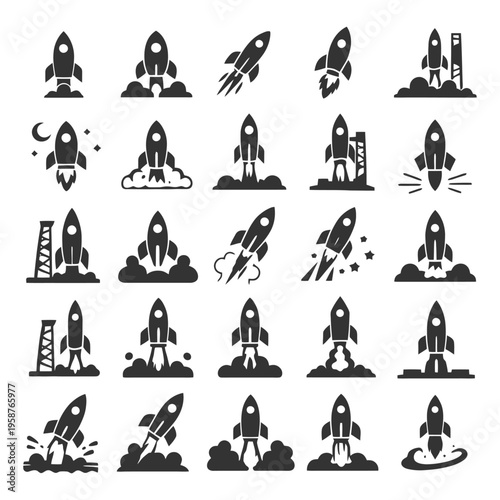 Set of 20 rocket icons in various launch and flight phases.
