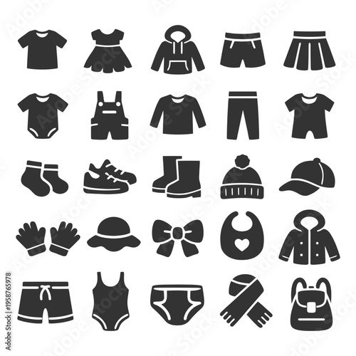 Collection of various clothing icons including dress, shirt, shoes, and accessories.