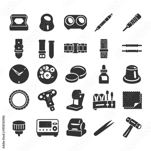 Tattoo equipment icons set: machines, needles, ink bottles, power supply, armrest.