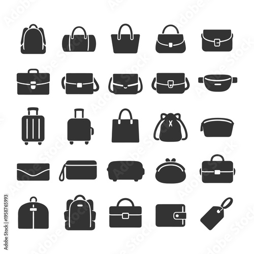 Collection of various bag icons including backpacks, suitcases, and purses.