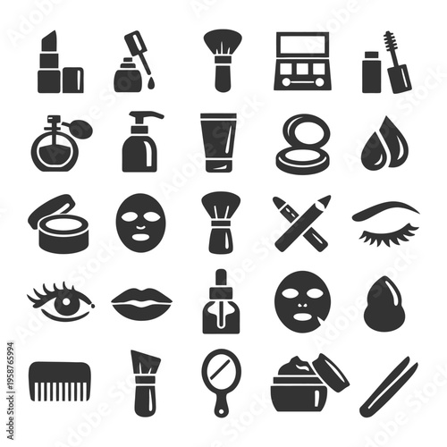 Collection of beauty and makeup icons including lipstick, mascara, and brushes.