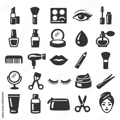 Beauty and makeup icons set: lipstick, eye, mirror, scissors, hairdryer.