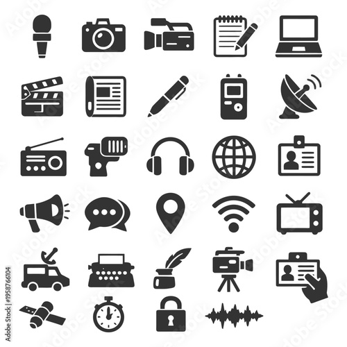 Set of communication and media icons including camera, microphone, satellite, and laptop.
