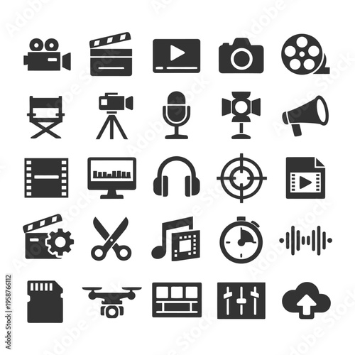 Icons set of multimedia and film production equipment and tools.