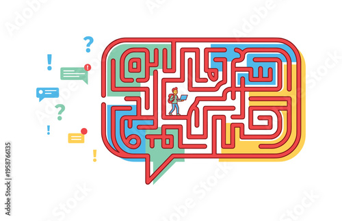 Man with laptop navigates a complex maze shaped like a speech bubble