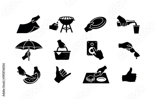 Collection of hands performing various activities like grilling, picnicking, and relaxing