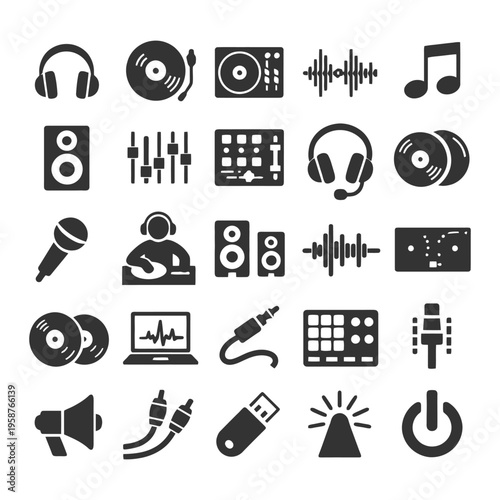 Music and audio equipment icons set including headphones and dj gear.