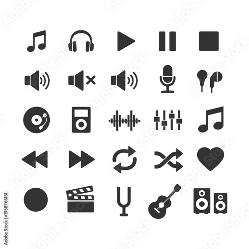 Music and sound icons set: audio, playback, volume, instruments, microphone.