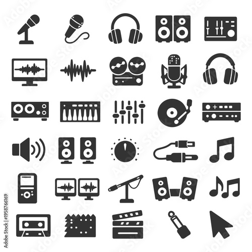 Audio equipment icons: microphones, headphones, speakers, music instruments, sound waves.