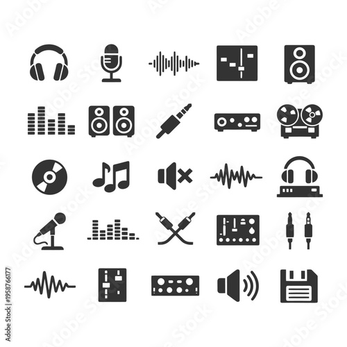 Collection of audio and music equipment icons in black on white background.