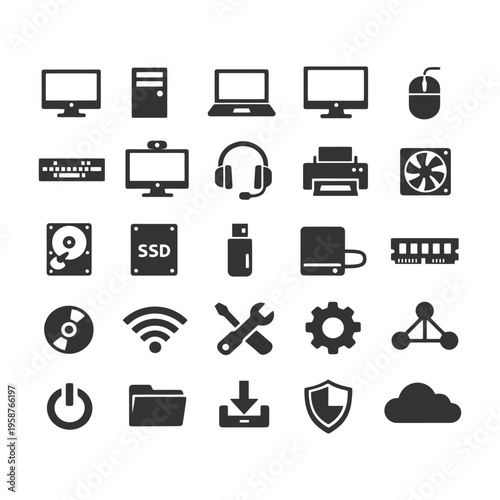 Assorted computer hardware icons and symbols collection.